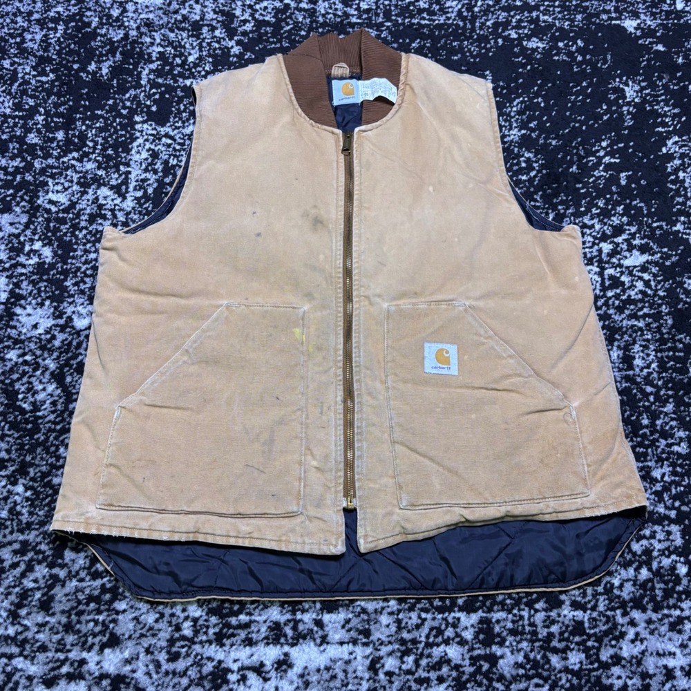 Vintage Carhartt Duck Canvas Quilted Vest XL Tall Tan Distressed V01 BRN
